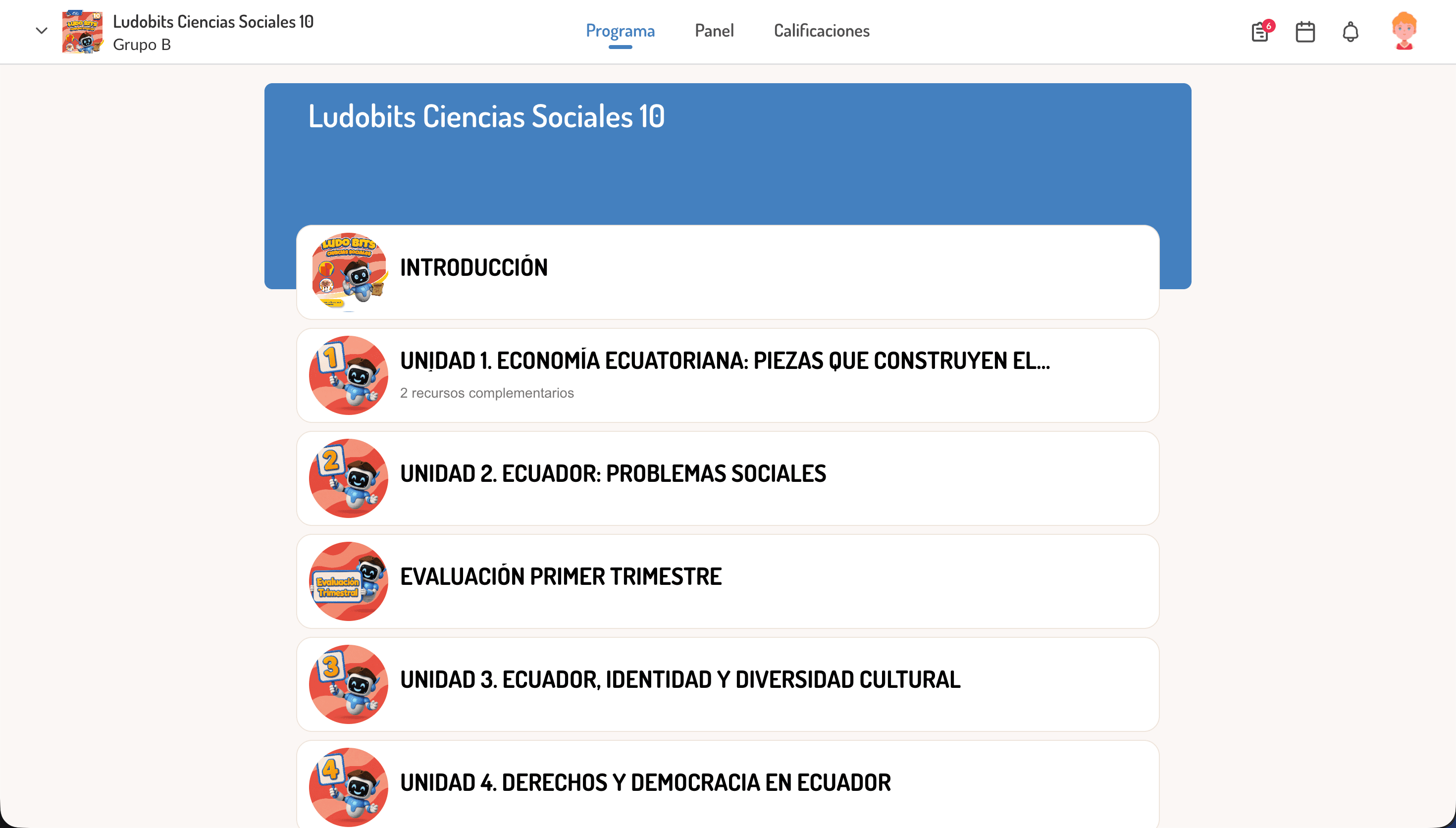 Vista real del aula de Ciencias Sociales 10 en LudoClick, con sus contenidos y unidades