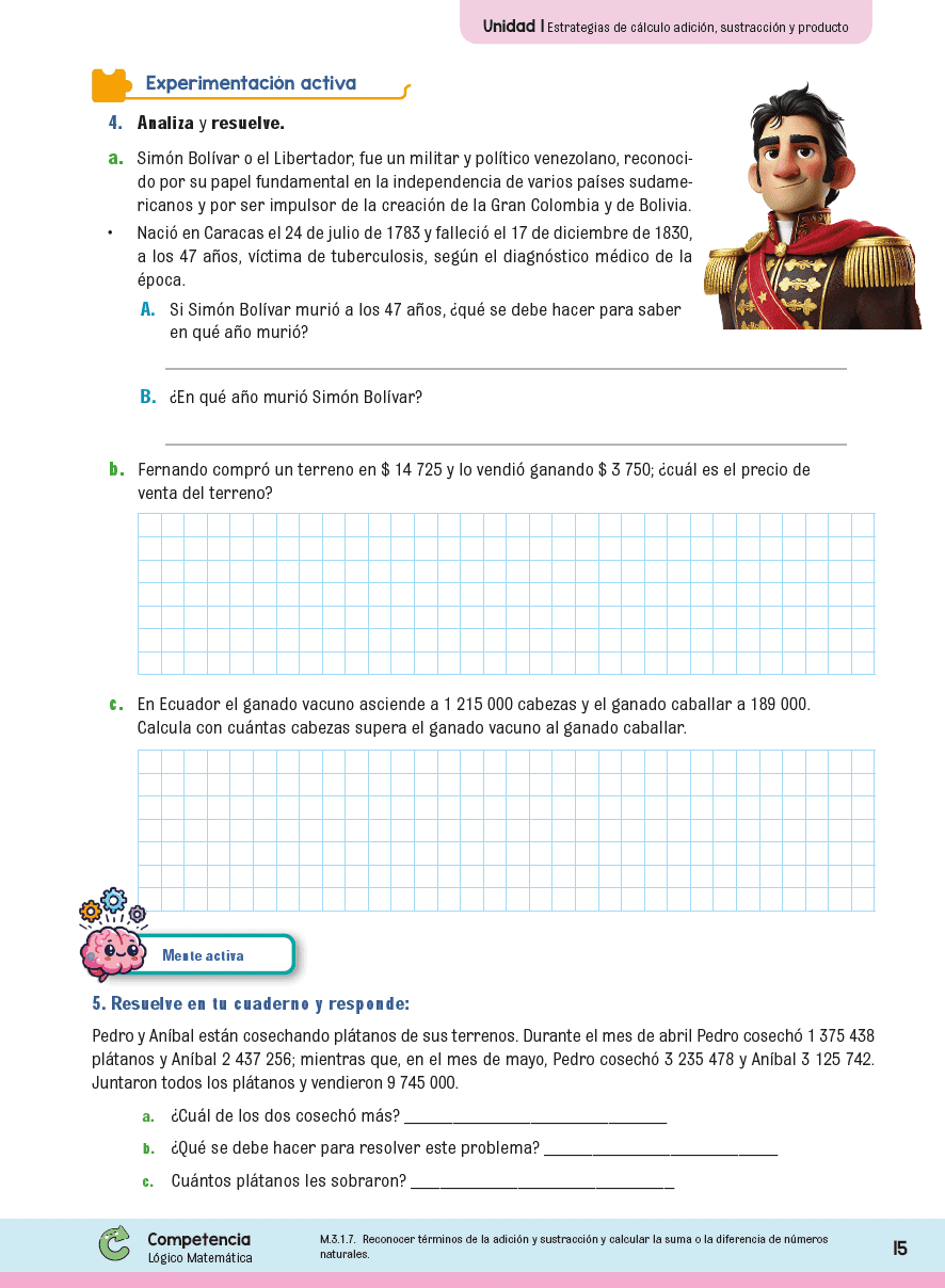 Página de Matemática con experimentación activa y problemas para analizar, resolver y aplicar lo aprendido