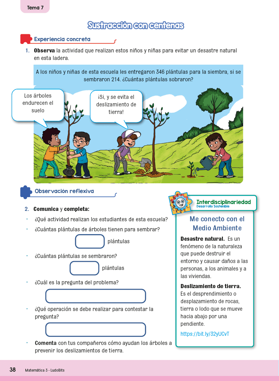 Página de Matemática con una experiencia concreta sobre plantación de árboles y actividades de observación reflexiva