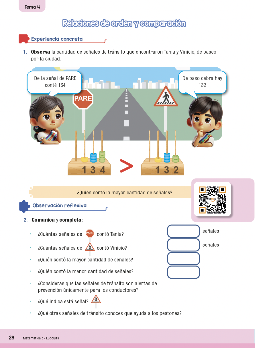 Actividad de relaciones de orden y comparación con señales de pare, pasos cebra y cantidades representadas en ábacos